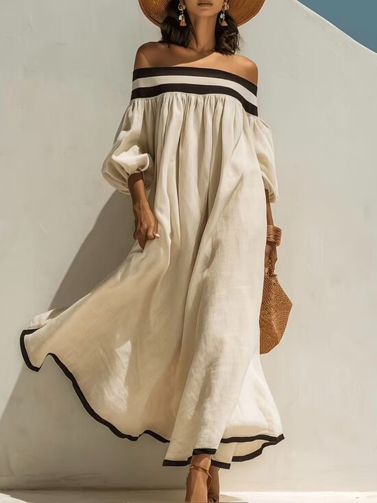 Dresses & Skirts - Elegant Off-Shoulder Color-Block Loose Lantern Sleeve Flared Vacation Style